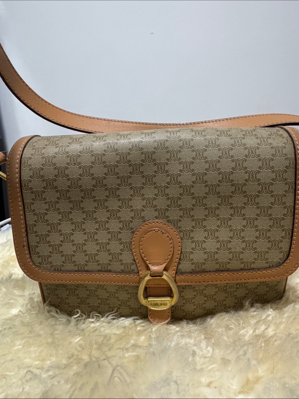 Celine Tan and Brown Monogram Shoulder Bag